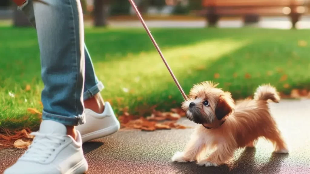 cachorro pequeno a andar na guia